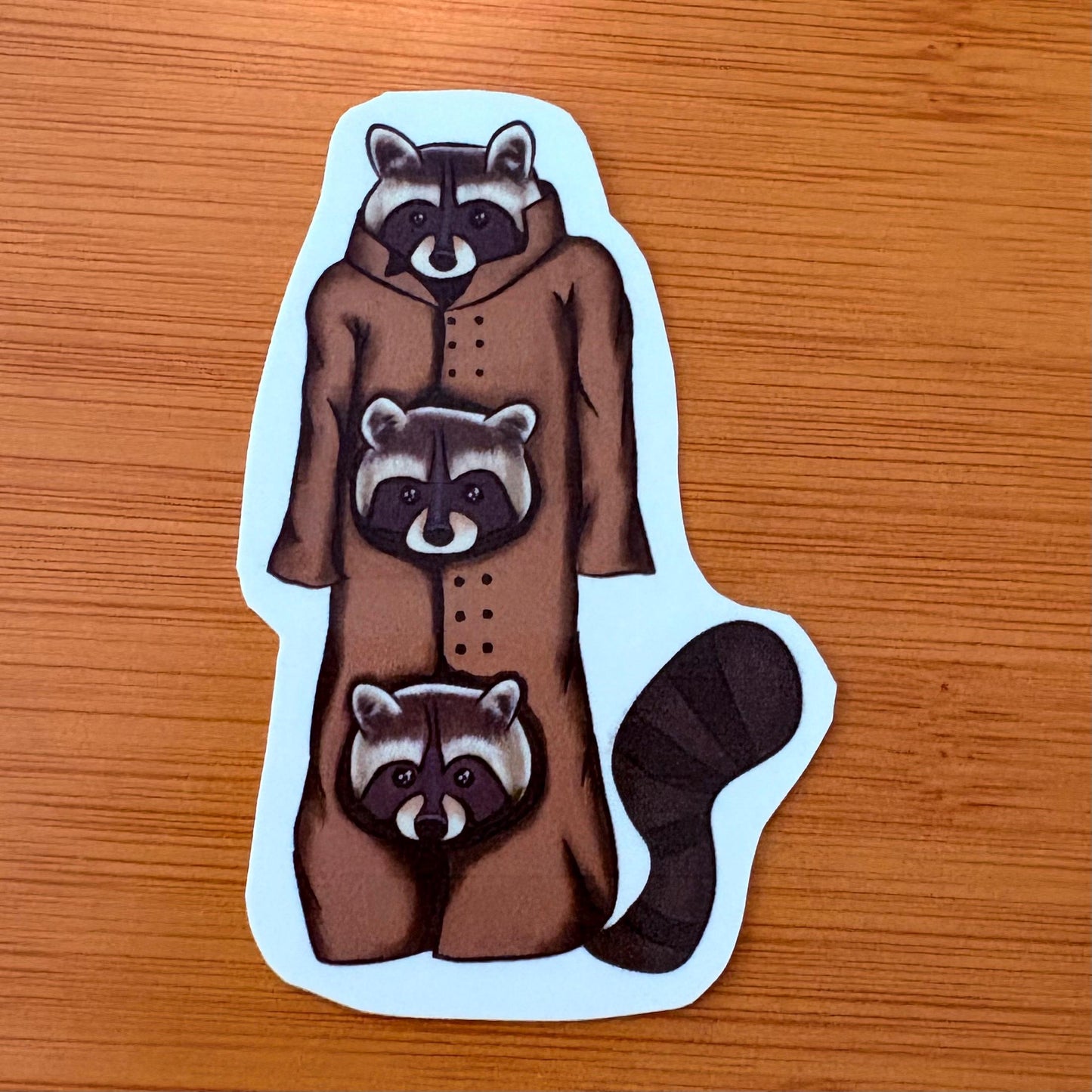 three raccoons in a trench coat 3” glossy vinyl laptop water bottle sticker decal