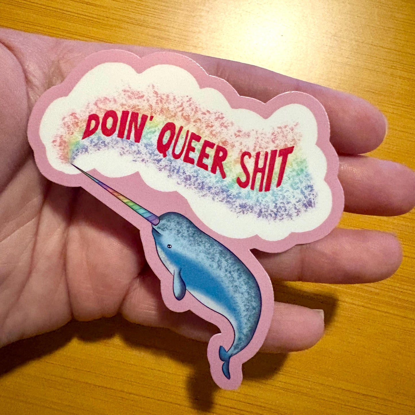 doin queer shit pride narwhal 3” glossy vinyl laptop water bottle sticker decal