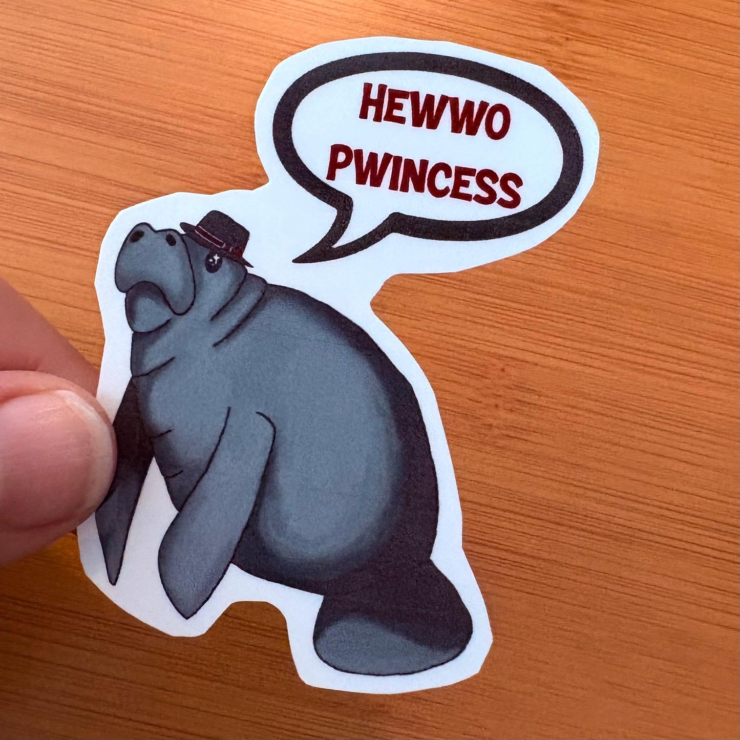 hewwo pwincess fedora manatee 3” glossy vinyl waterproof sticker