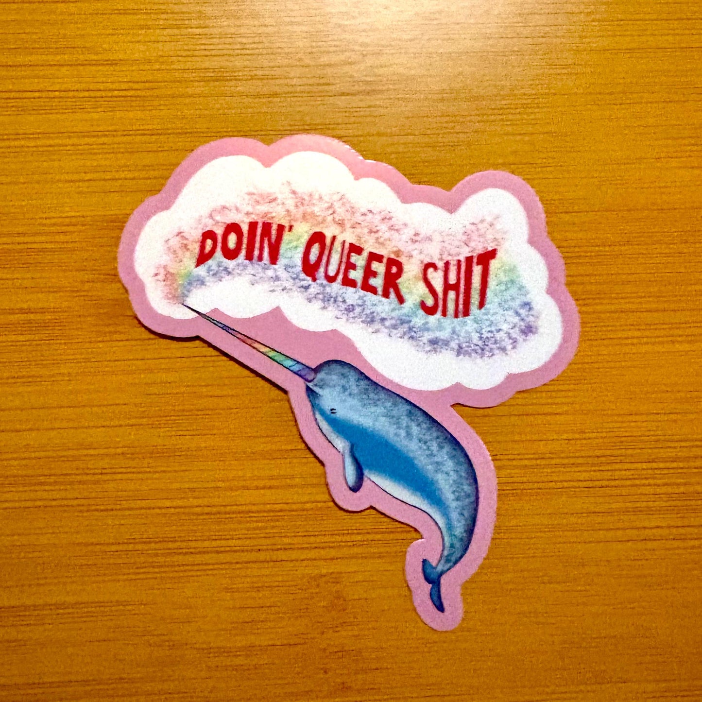 doin queer shit pride narwhal 3” glossy vinyl laptop water bottle sticker decal