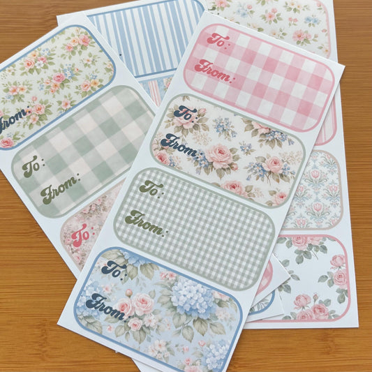 Shabby chic floral gift tag sticker sheets 16 tags