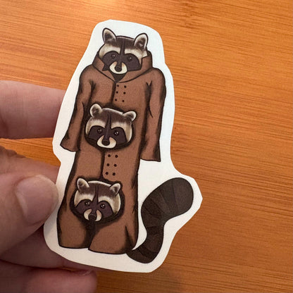 three raccoons in a trench coat 3” glossy vinyl laptop water bottle sticker decal