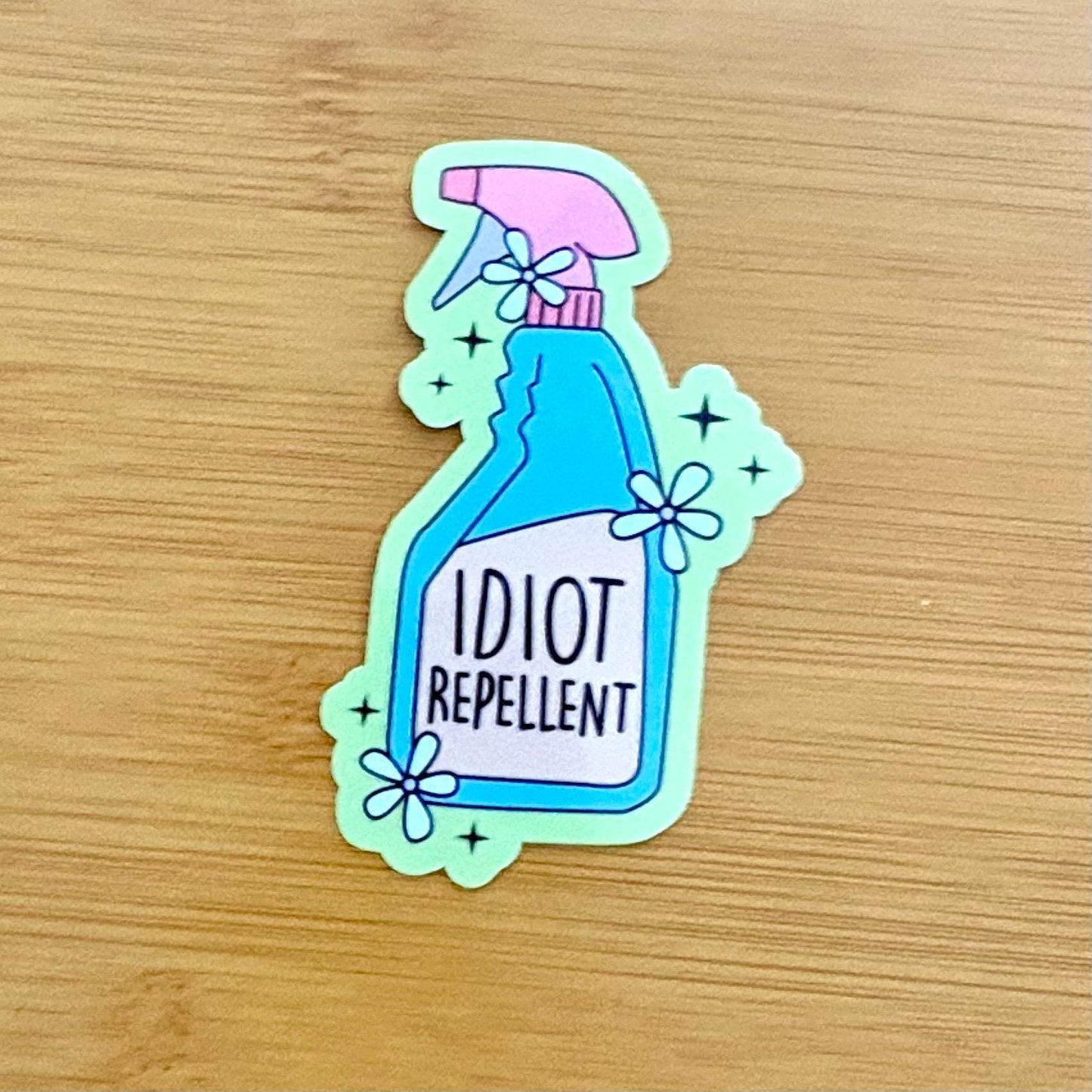 idiot repellent spray sticker durable glossy vinyl laptop water bottle decal
