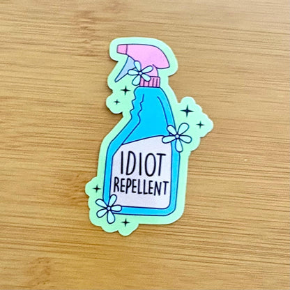idiot repellent spray sticker durable glossy vinyl laptop water bottle decal