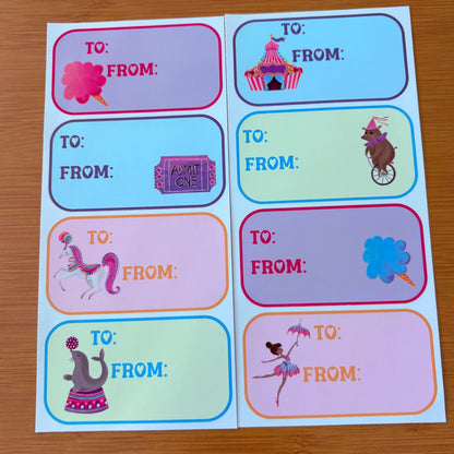 circus party gift tag sticker sheets 16 tags