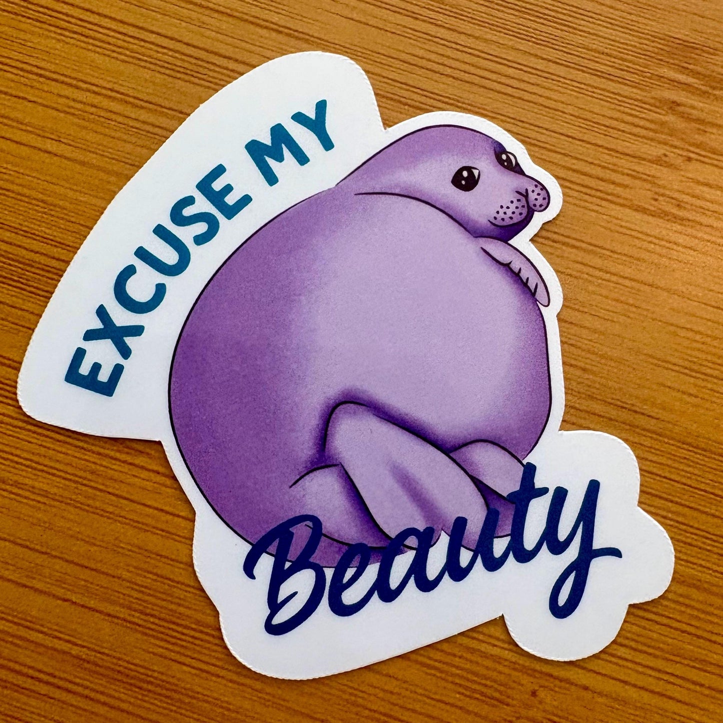excuse my beauty seal 3” glossy vinyl laptop water bottle sticker decal