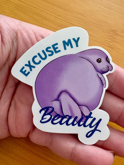 excuse my beauty seal 3” glossy vinyl laptop water bottle sticker decal
