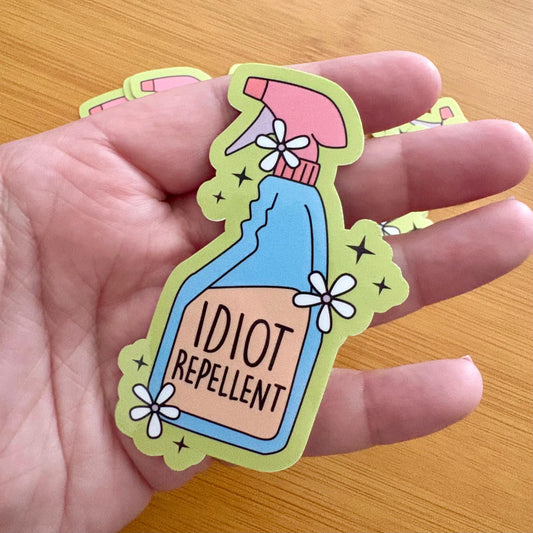 idiot repellent spray sticker durable glossy vinyl laptop water bottle decal