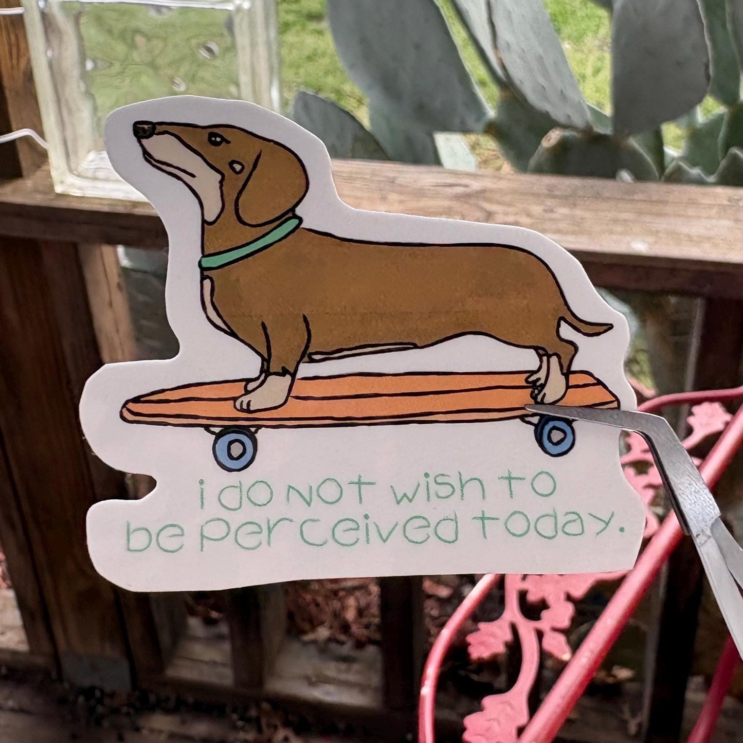 Weenie dog on a skateboard “adios muchachos” durable glossy vinyl laptop water bottle decal