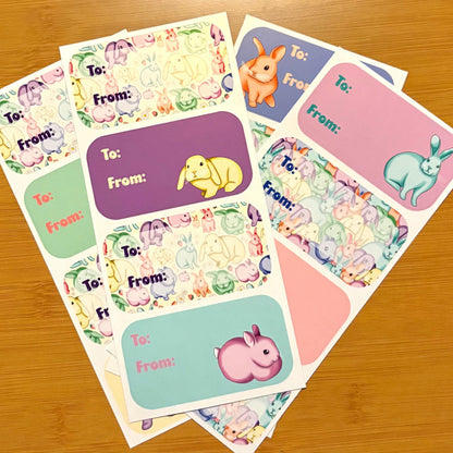 rainbow pastel bunnies gift tag sticker sheets 16 tags