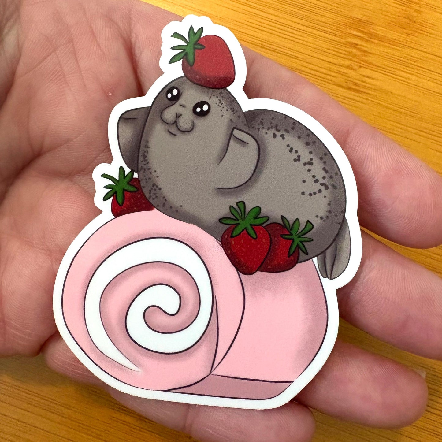 strawberry cake roll seal 3” glossy vinyl laptop water bottle sticker decal