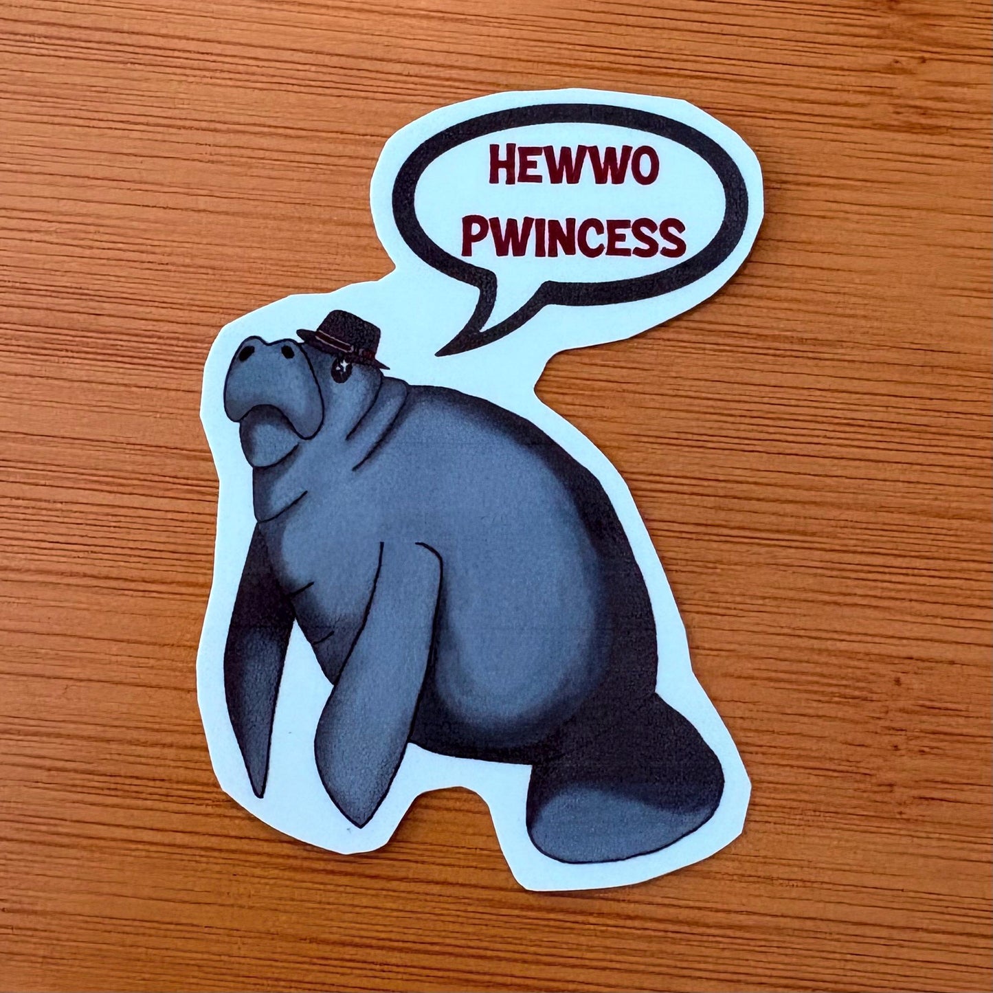 hewwo pwincess fedora manatee 3” glossy vinyl waterproof sticker
