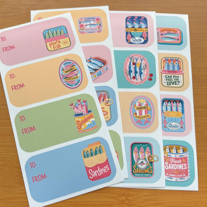 fun sardine gift tag sticker sheets 16 tags
