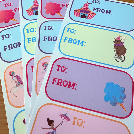 circus party gift tag sticker sheets 16 tags