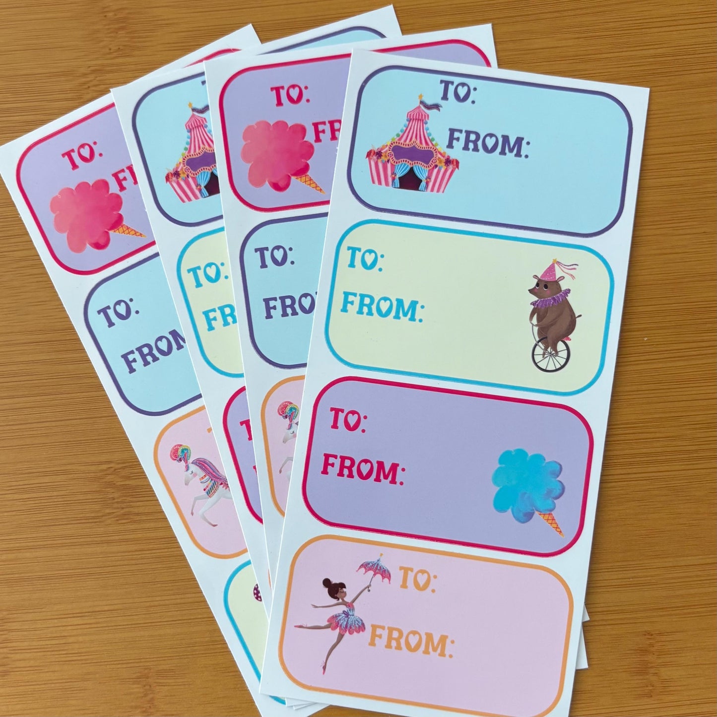 circus party gift tag sticker sheets 16 tags