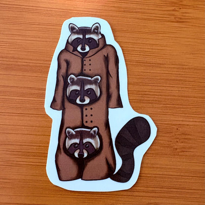 three raccoons in a trench coat 3” glossy vinyl laptop water bottle sticker decal