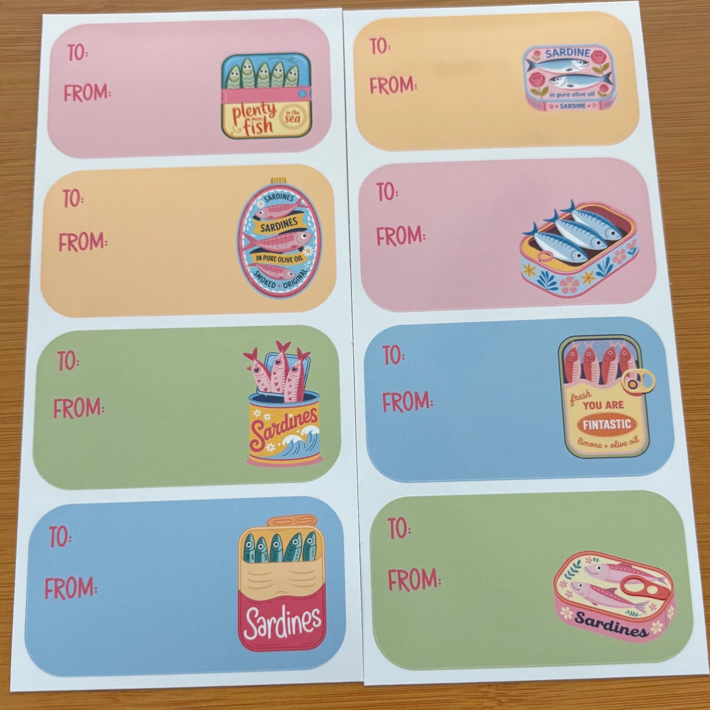 fun sardine gift tag sticker sheets 16 tags