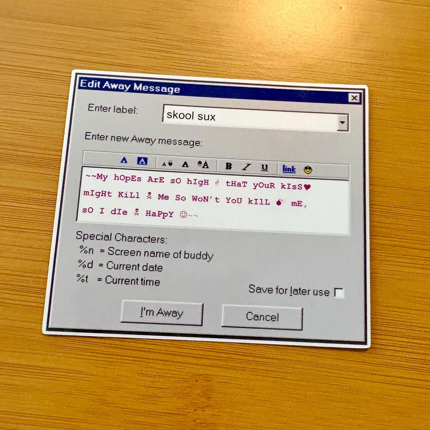 Customizable AOL away message 4” glossy vinyl laptop water bottle sticker decal