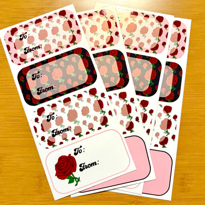 red rose gift tag sticker sheets 16 tags