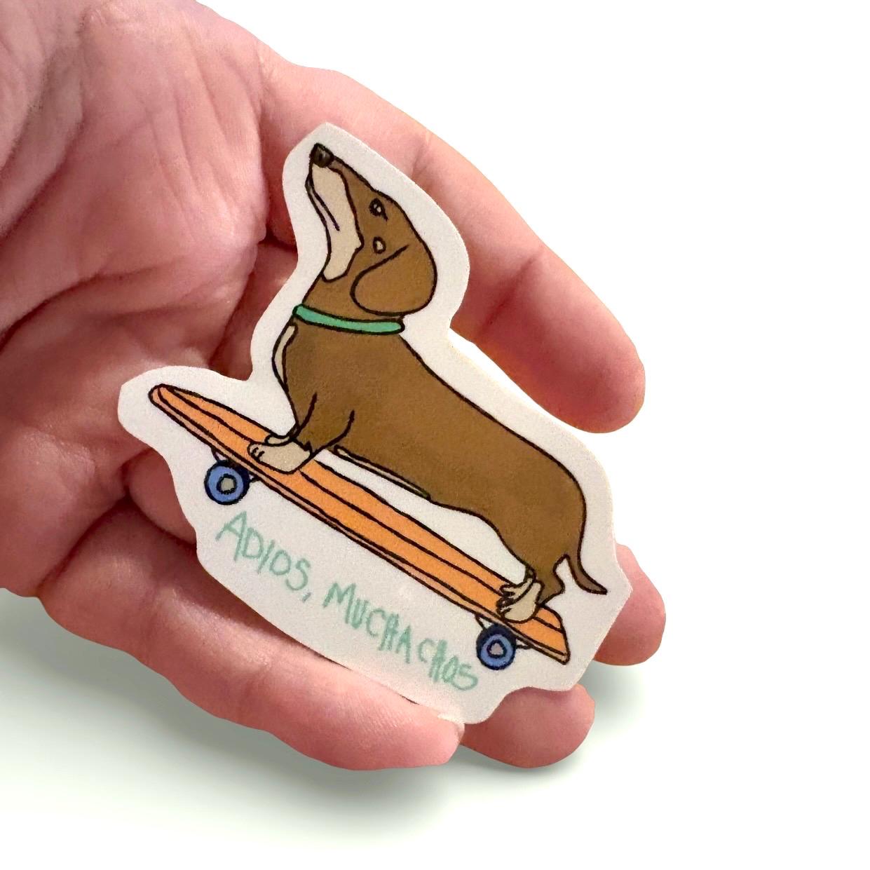 Weenie dog on a skateboard “adios muchachos” durable glossy vinyl laptop water bottle decal
