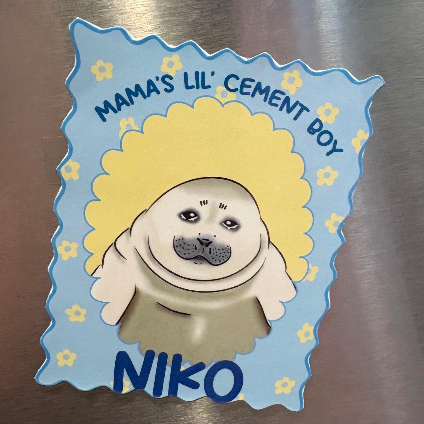 Niko the Seal cement boy 4x3” glossy vinyl sticker or magnet laptop water bottle sticker decal