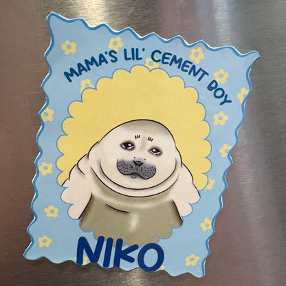 Niko the Seal cement boy 4x3” glossy vinyl sticker or magnet laptop water bottle sticker decal