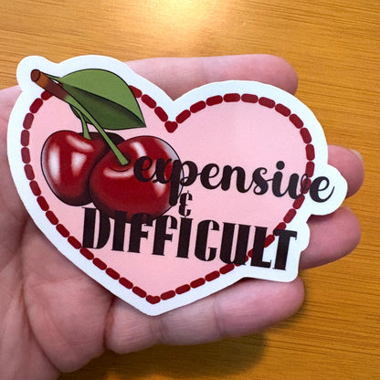 expensive & difficult cherry heart glossy vinyl laptop water bottle sticker decal