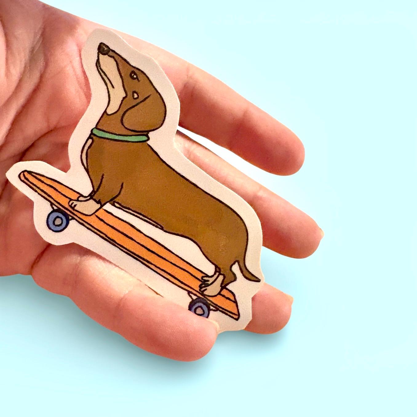 Weenie dog on a skateboard “adios muchachos” durable glossy vinyl laptop water bottle decal