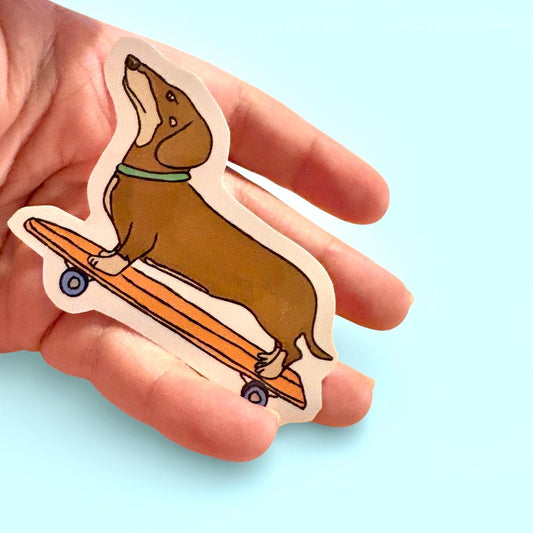 Weenie dog on a skateboard “adios muchachos” durable glossy vinyl laptop water bottle decal