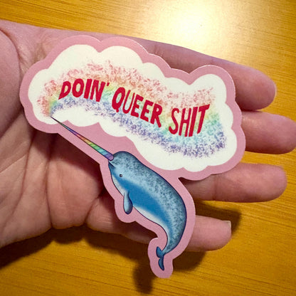 doin queer shit pride narwhal 3” glossy vinyl laptop water bottle sticker decal