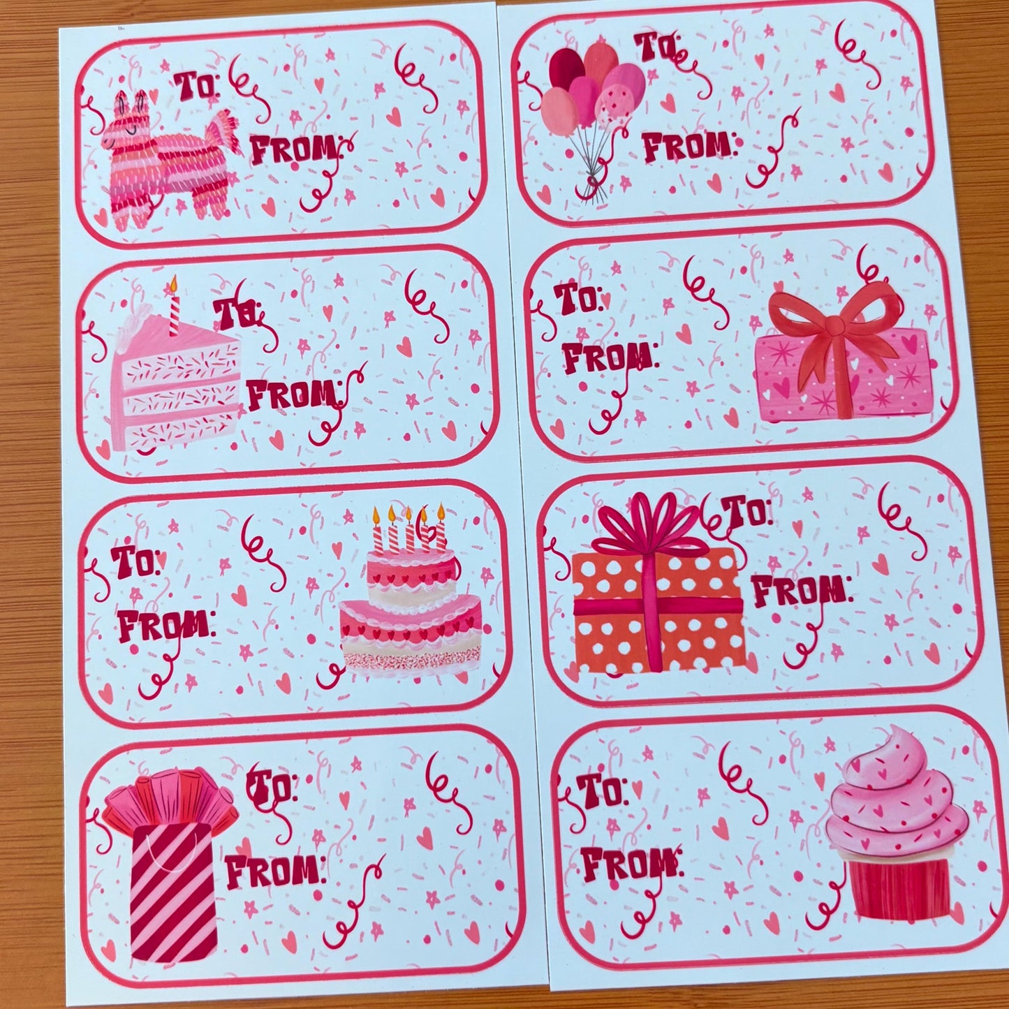 Confetti piñata party gift tag sticker sheets 16 tags