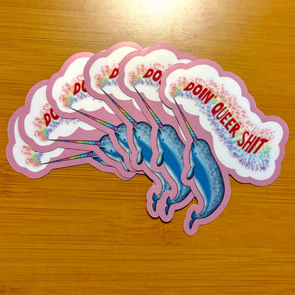 doin queer shit pride narwhal 3” glossy vinyl laptop water bottle sticker decal