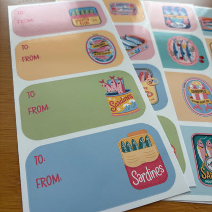 fun sardine gift tag sticker sheets 16 tags