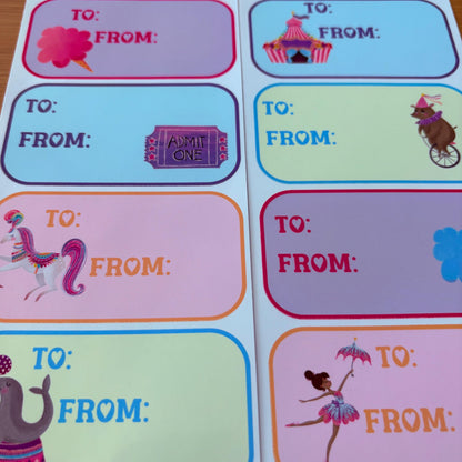 circus party gift tag sticker sheets 16 tags