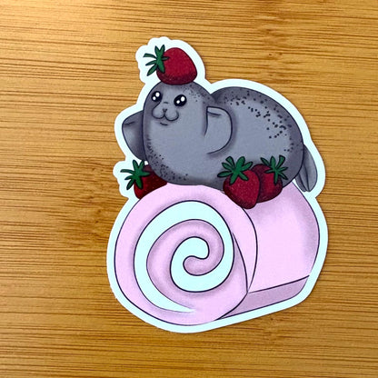 strawberry cake roll seal 3” glossy vinyl laptop water bottle sticker decal