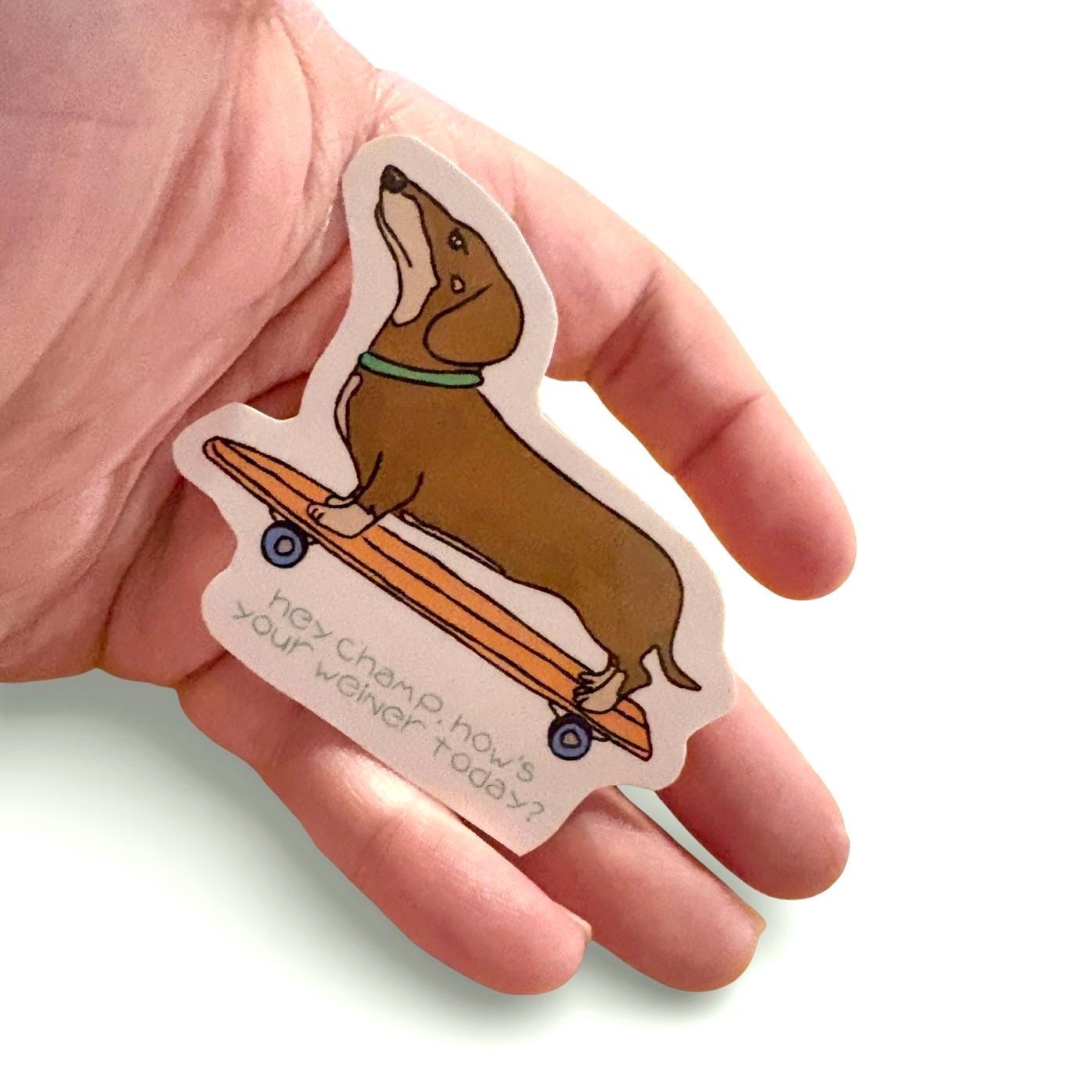 Weenie dog on a skateboard “adios muchachos” durable glossy vinyl laptop water bottle decal