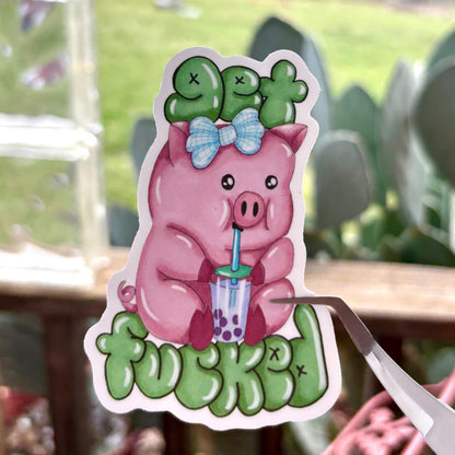 Get fucked boba tea drinking pig 3” matte vinyl sticker