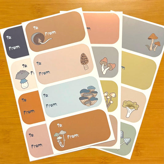 cottagecore mushroom gift tag sticker sheets 16 tags