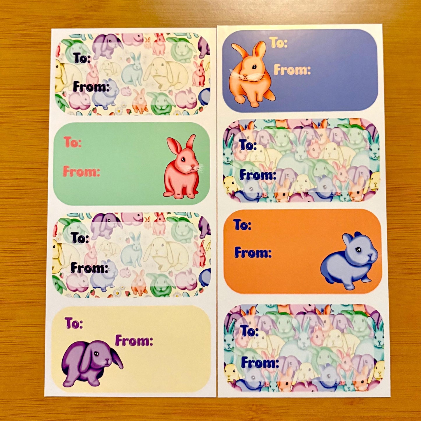 rainbow pastel bunnies gift tag sticker sheets 16 tags