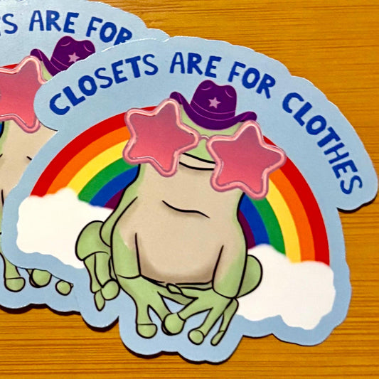 closets are for clothes gay frog pride sticker glossy vinyl laptop water bottle sticker decal