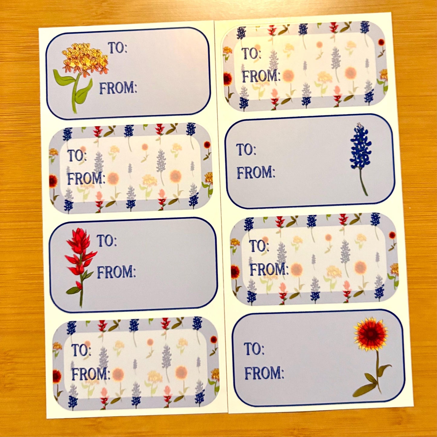 Texas wildflowers gift tag sticker sheets 16 tags