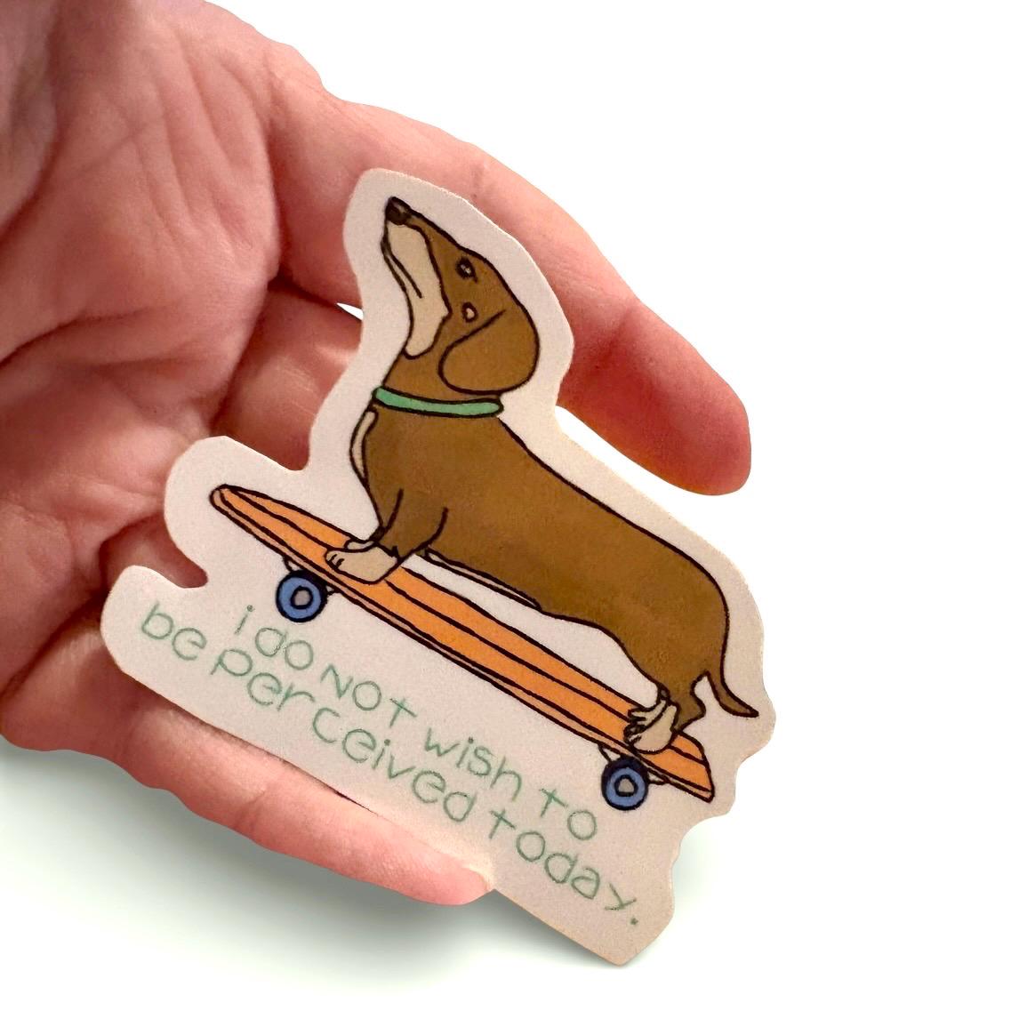 Weenie dog on a skateboard “adios muchachos” durable glossy vinyl laptop water bottle decal