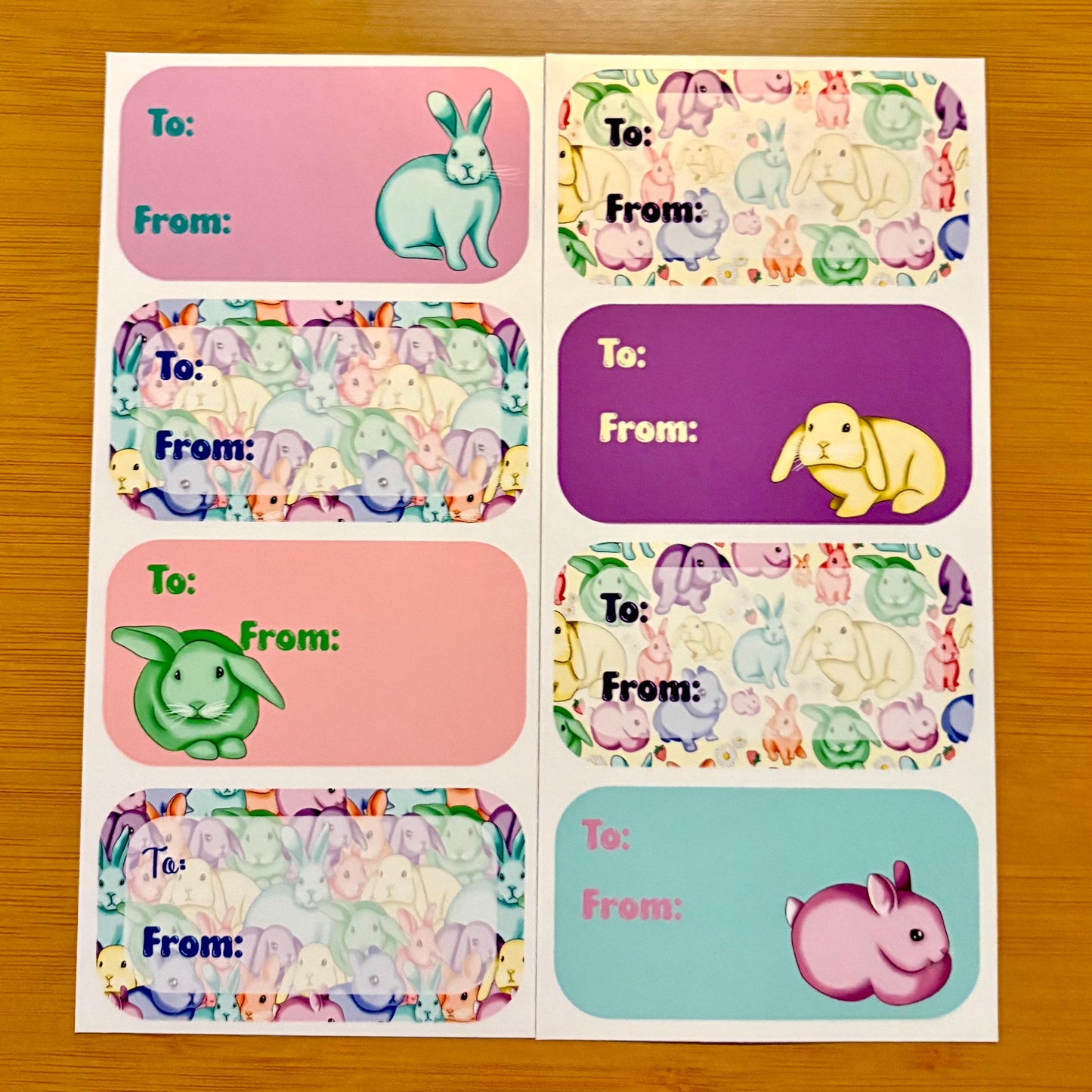 rainbow pastel bunnies gift tag sticker sheets 16 tags
